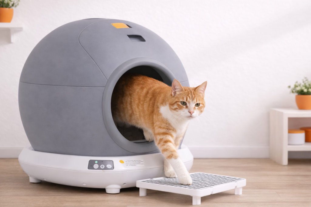 Een oranje kat steekt zijn poot uit een moderne kattenkooi.